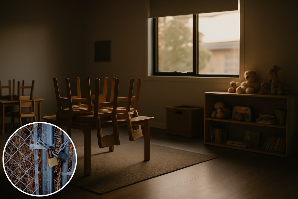 An empty childcare playroom after hours, with small chairs stacked on low tables and soft toys on a shelf.
