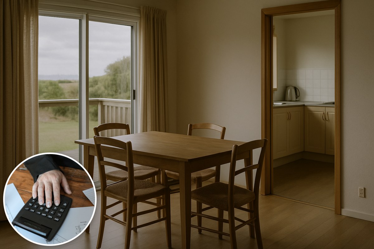 Illustrative AI-generated empty cottage dining room with a stock calculator inset; not an actual Bass Coast rental.
