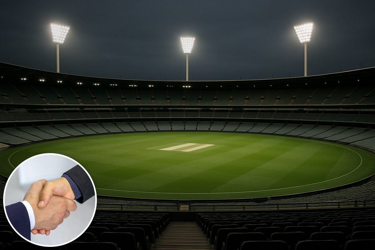 An empty floodlit cricket ground at night, with an inset of a business handshake.