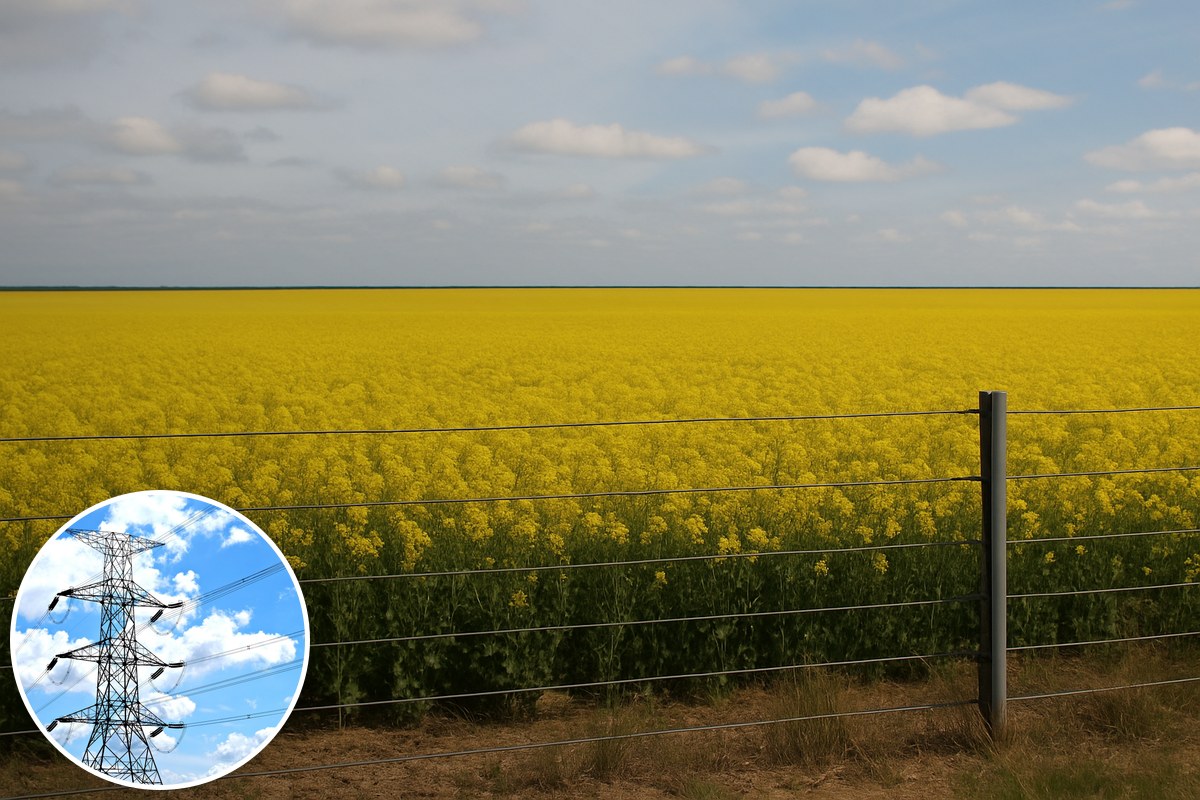 A golden canola field behind a wire farm fence under a blue sky, with an inset of a transmission tower.