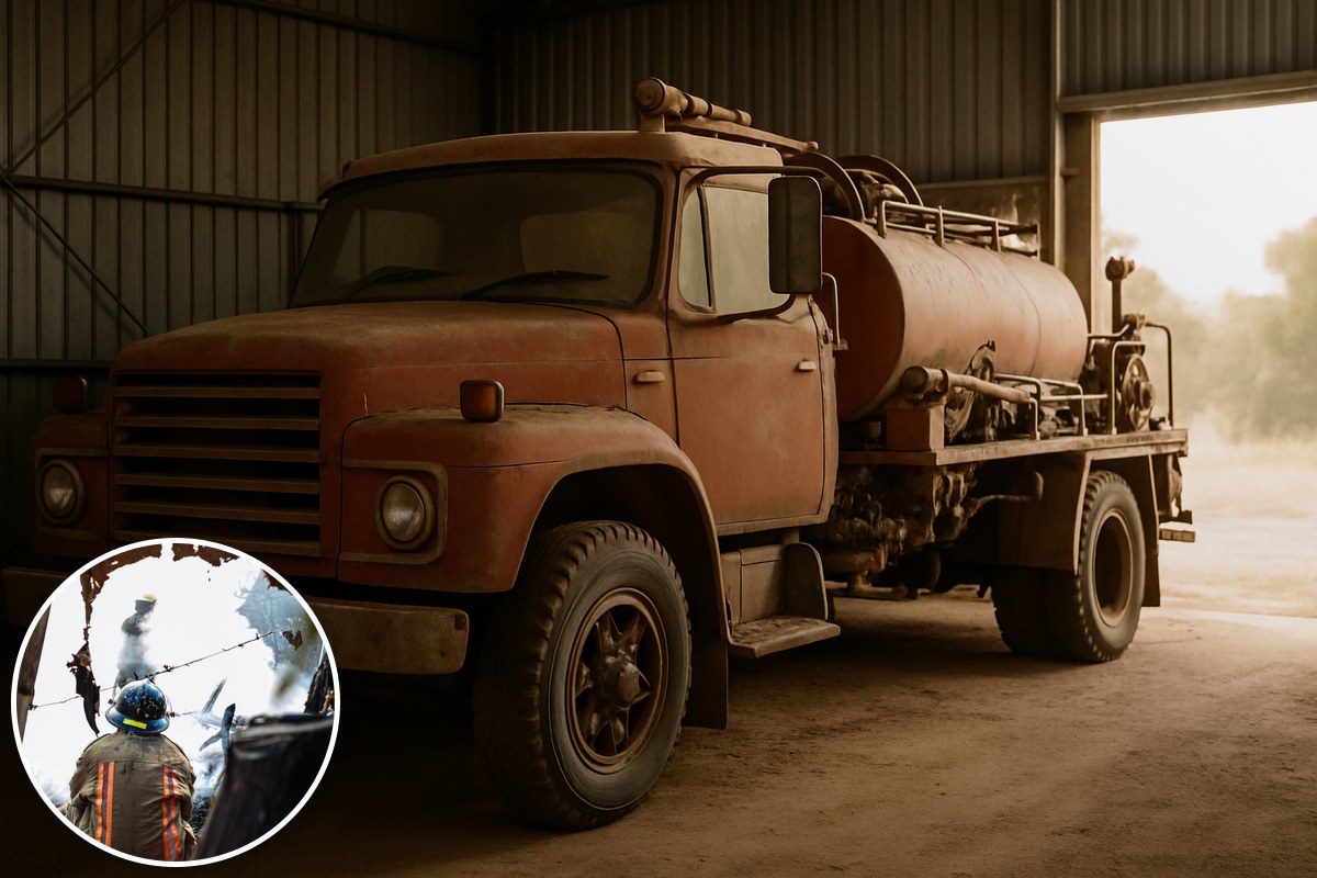 An old faded red water tanker truck parked in a corrugated iron shed, with an inset of firefighters in helmets seen from behind.
