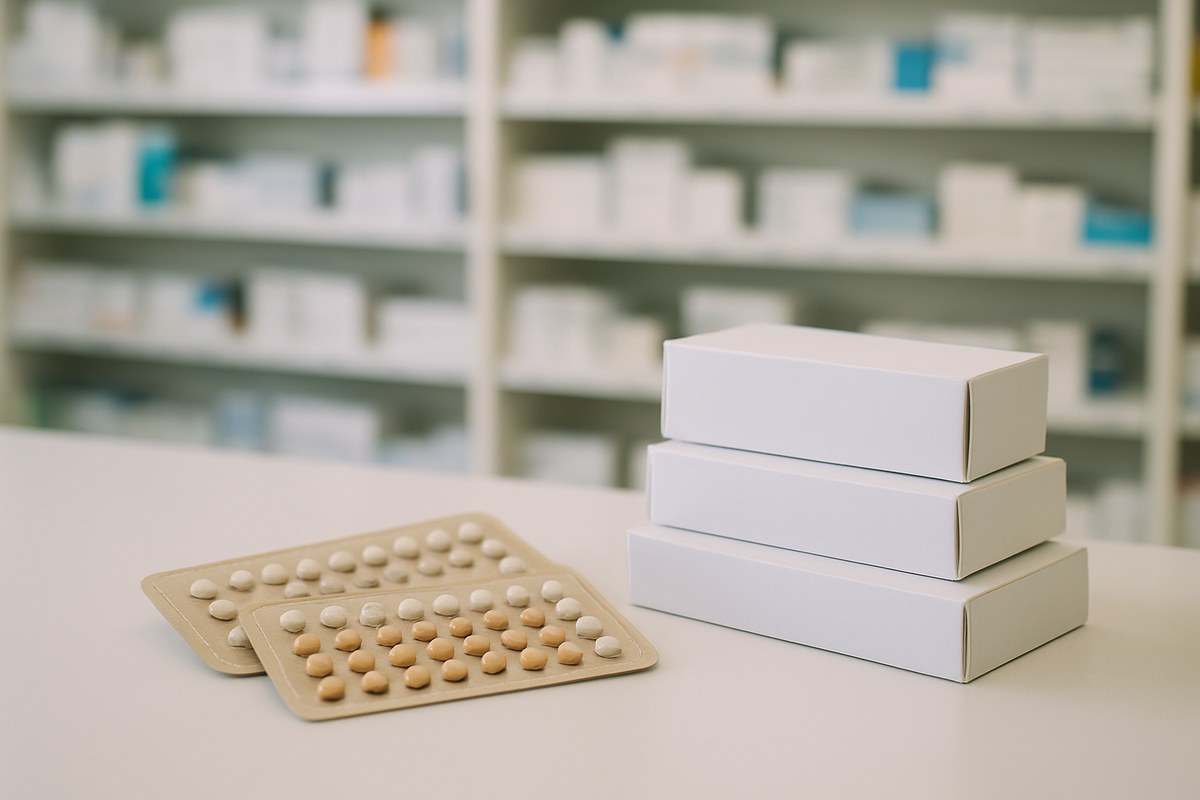 Contraceptive pill blister packs and plain medicine boxes on a community pharmacy counter, with dispensary shelves behind.