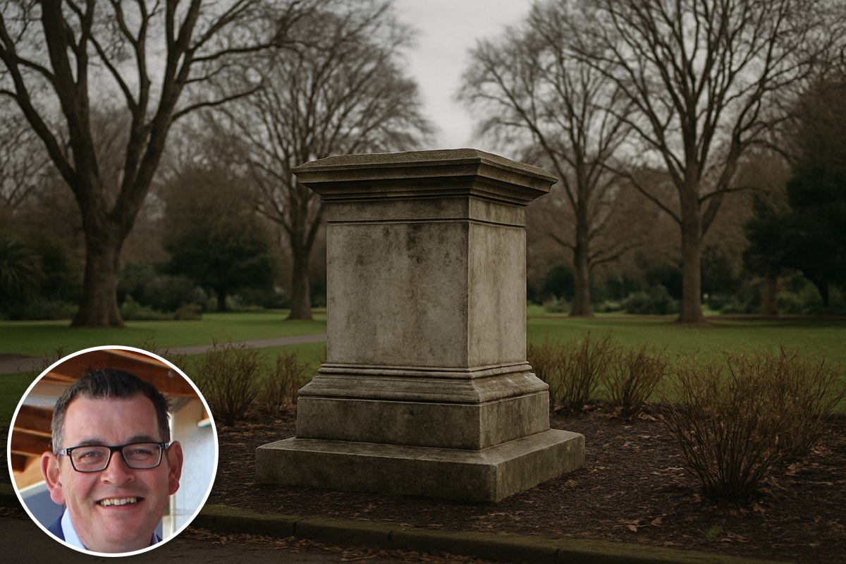 An empty stone plinth in a park in winter, with an inset portrait of Daniel Andrews.