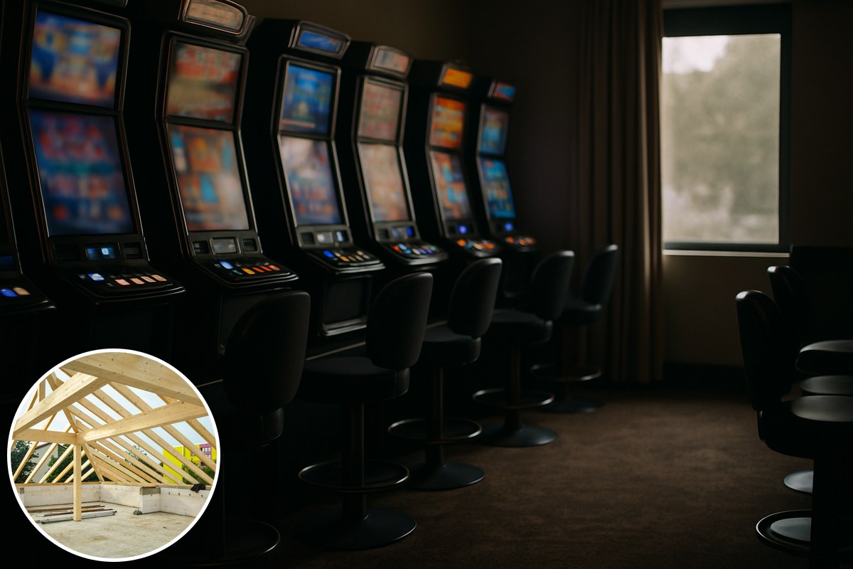 A dim gaming lounge with rows of glowing poker machines and empty stools, with an inset of a timber house frame under construction.