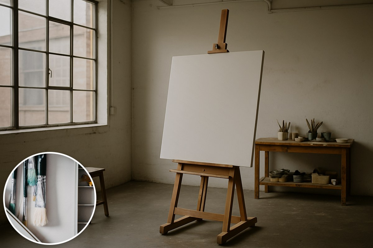 Illustrative AI-generated empty studio with a blank canvas and wooden easel, with a stock paintbrush inset; not O’Byrne’s studio or artwork.