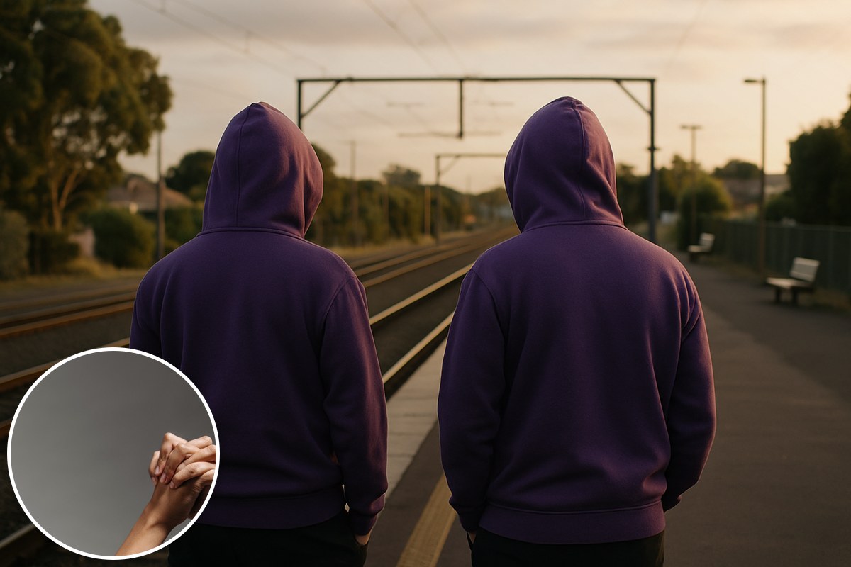 Two people in purple hoodies seen from behind on a suburban railway platform at dusk, with an inset of clasped hands.