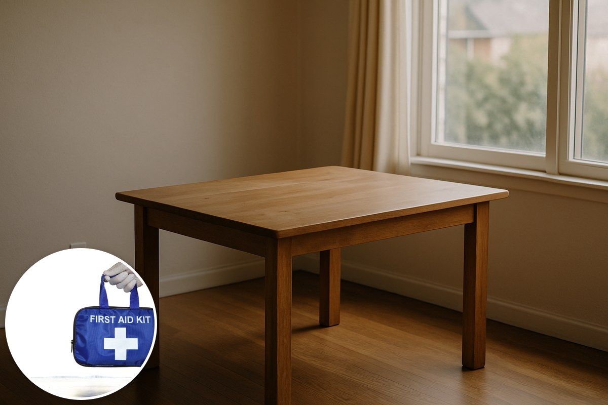 Illustrative AI-generated domestic room with a sturdy wooden table and a stock first-aid kit inset; not an earthquake scene.