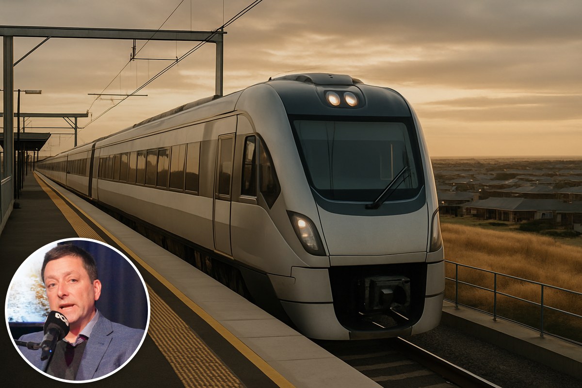 A modern commuter train at an elevated suburban station at dusk, with an inset portrait of Matthew Guy.
