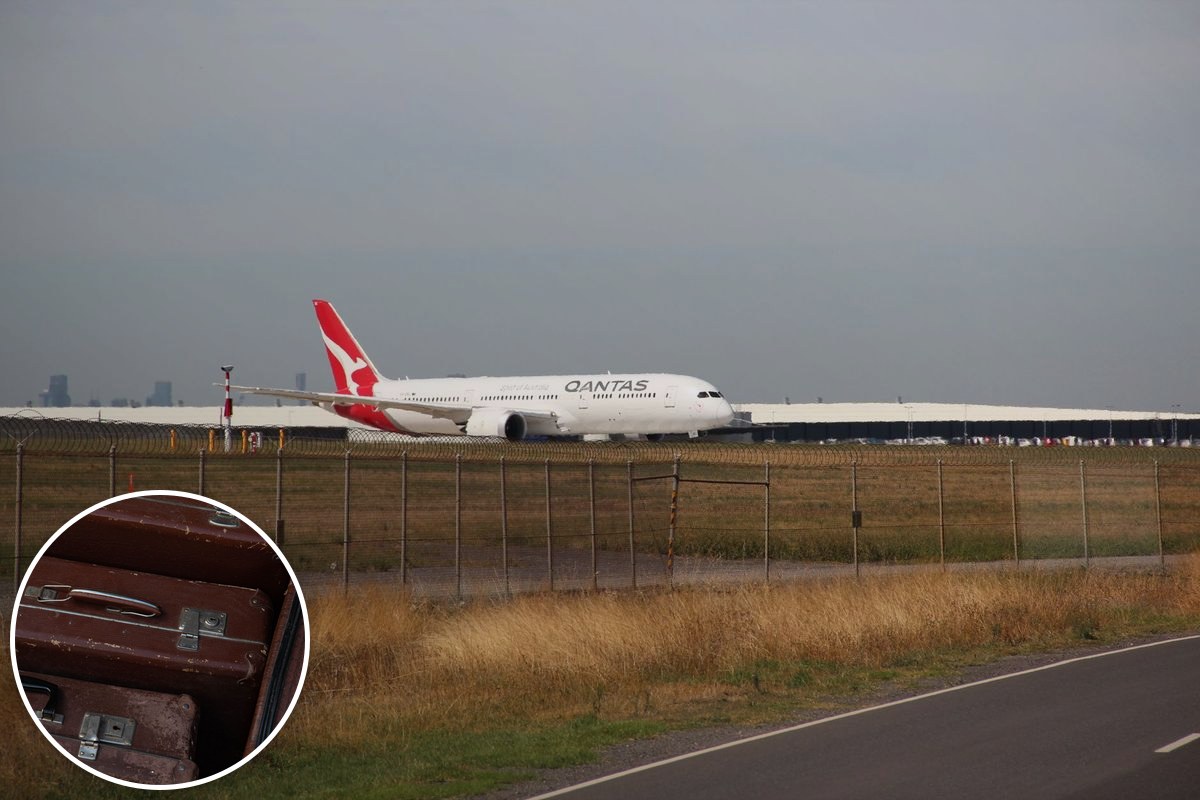 Stock photograph of a Qantas aircraft on an airport runway in Melbourne, with a suitcase inset.