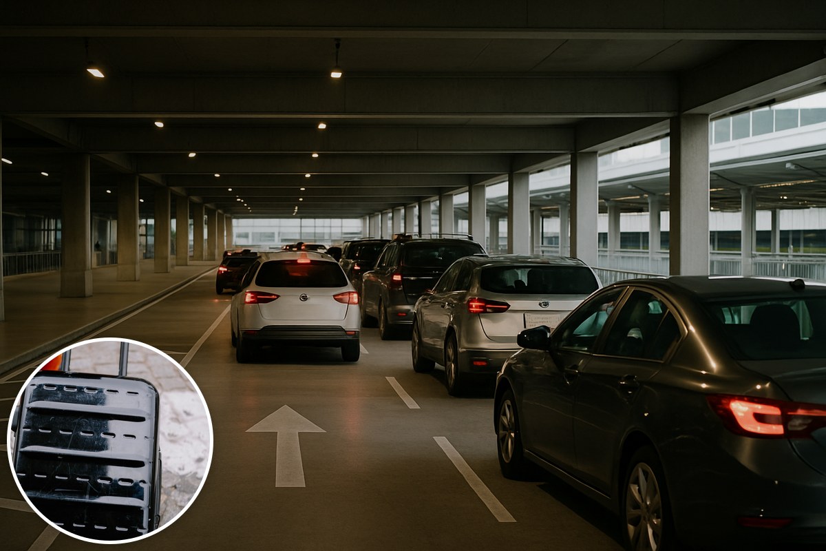 Cars queuing in a modern undercover airport pick-up area, with an inset of a rolling suitcase.