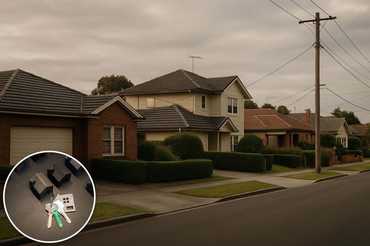Illustrative image of a quiet suburban residential street with homes beneath a cloudy sky.