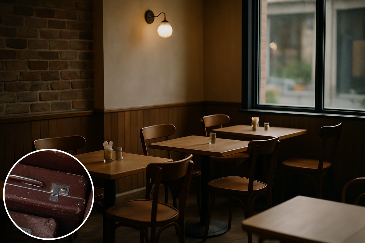 An illustrative AI-generated empty cafe with a stock vintage-suitcase inset; not a specific Melbourne venue.
