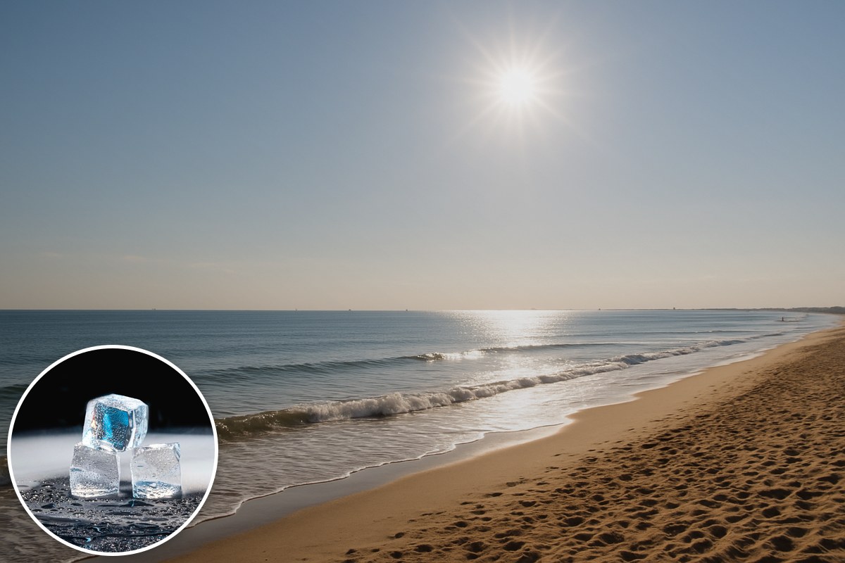 Bright sun over a calm sandy beach with gentle waves, with an inset of melting ice cubes.