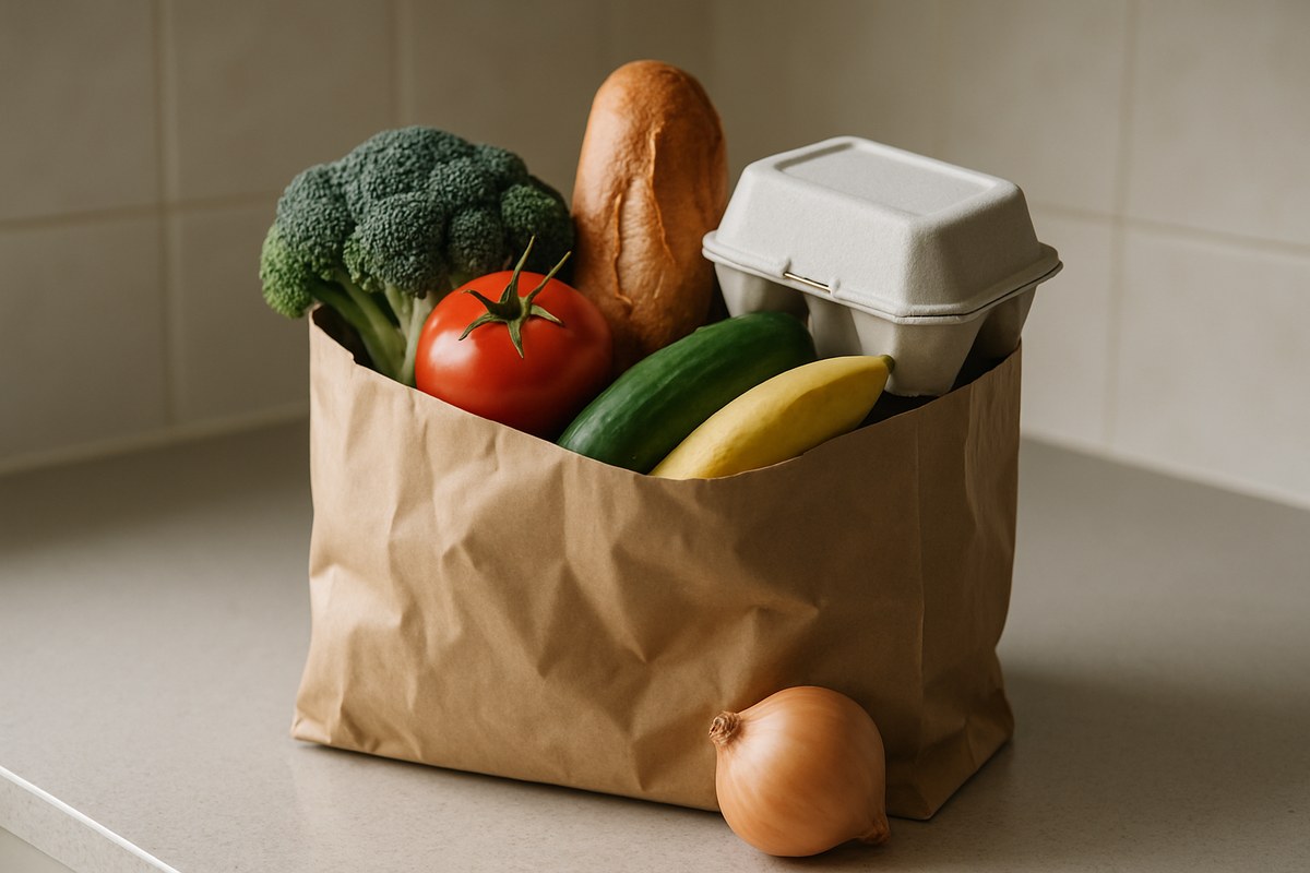 Everyday groceries in a plain paper shopping bag on a kitchen bench in soft daylight.