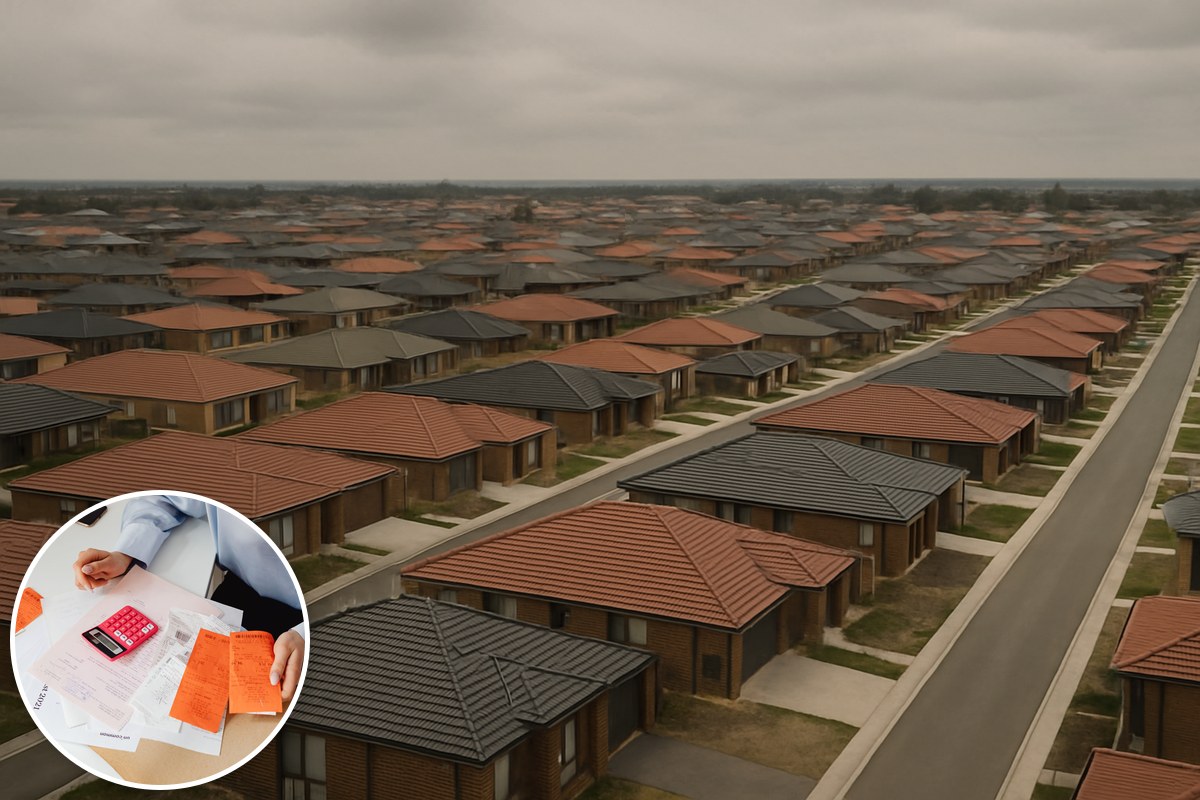 Rows of new houses in an outer suburban growth corridor under grey sky, with an inset of hands sorting bills beside a calculator.