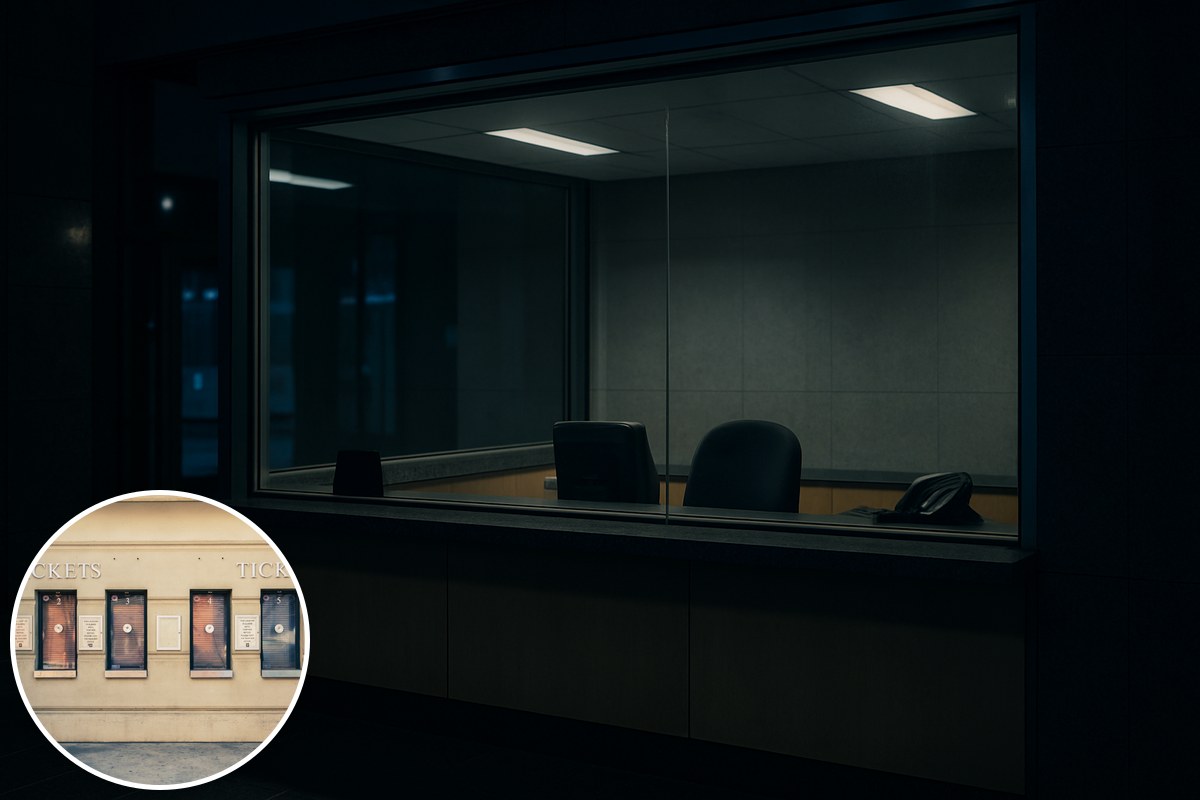 An empty reception counter behind glass in a dimly lit foyer, with an inset of a take-a-number ticket dispenser.