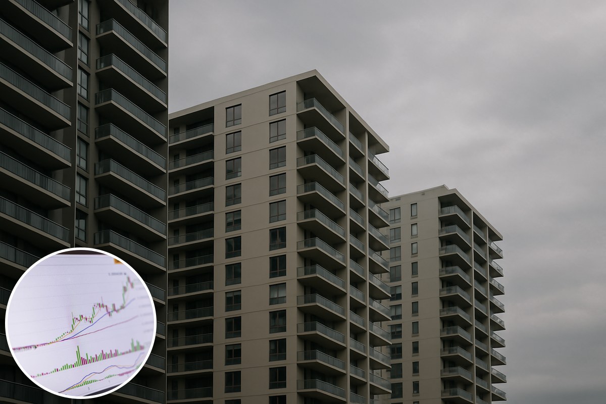 Generic modern apartment towers with rows of balconies under an overcast sky, with an inset of a declining line graph.