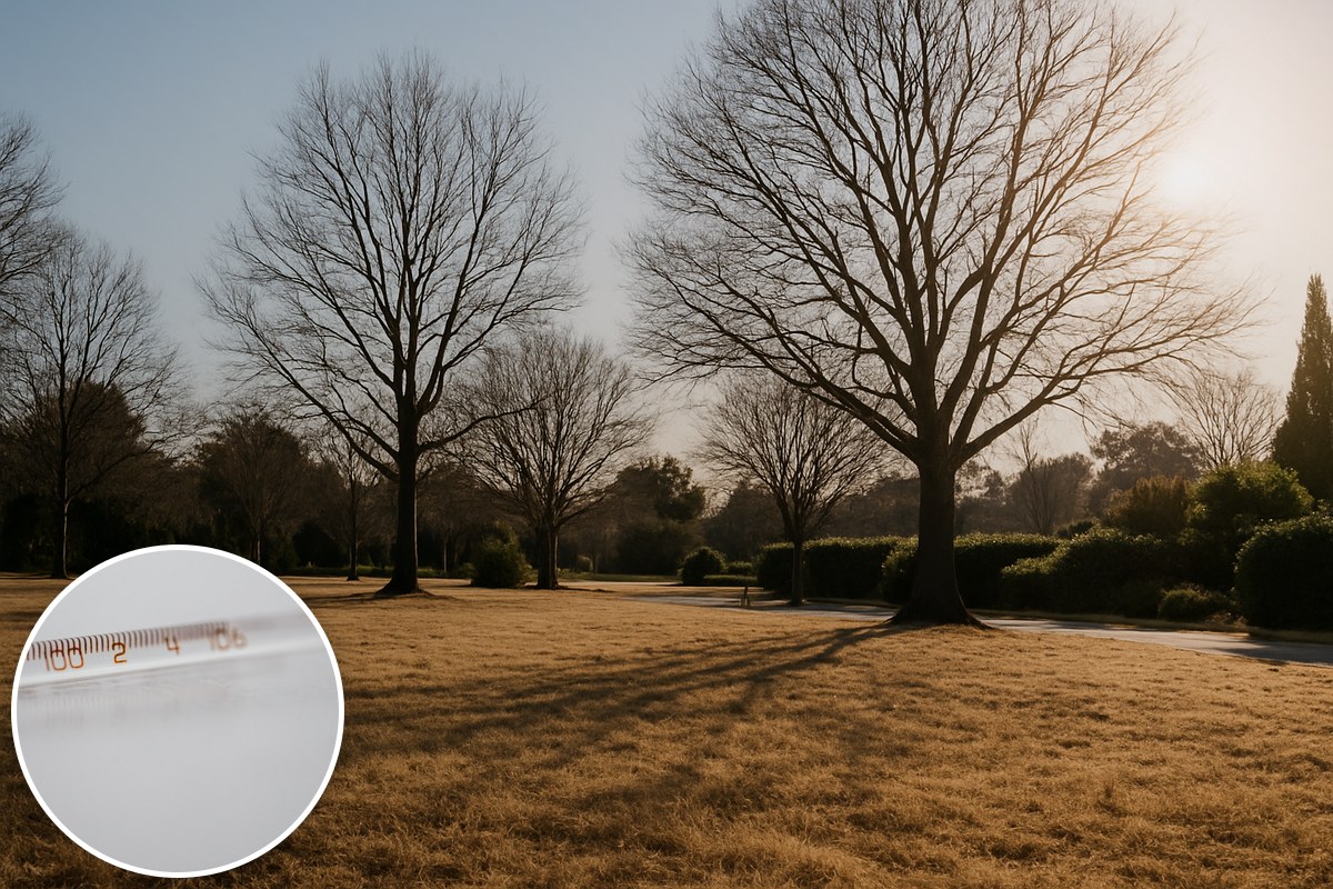 Bare winter trees over dry sunlit grass in a suburban park, with an inset close-up of a thermometer.