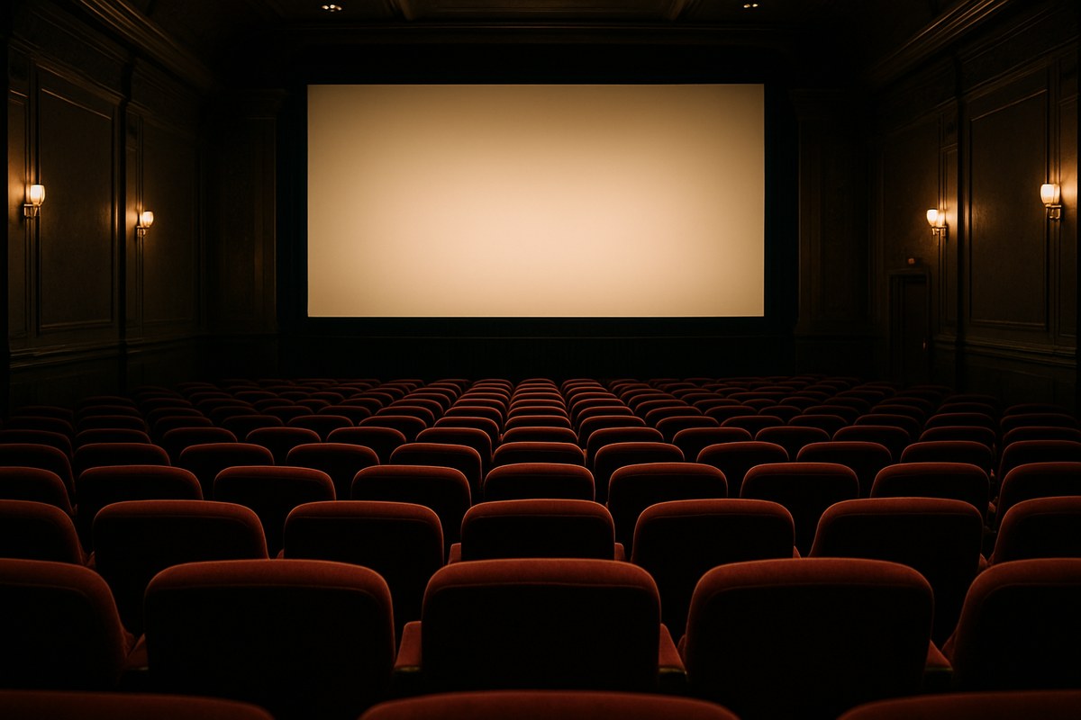 Rows of empty red velvet seats in a classic cinema auditorium facing a softly glowing blank screen.