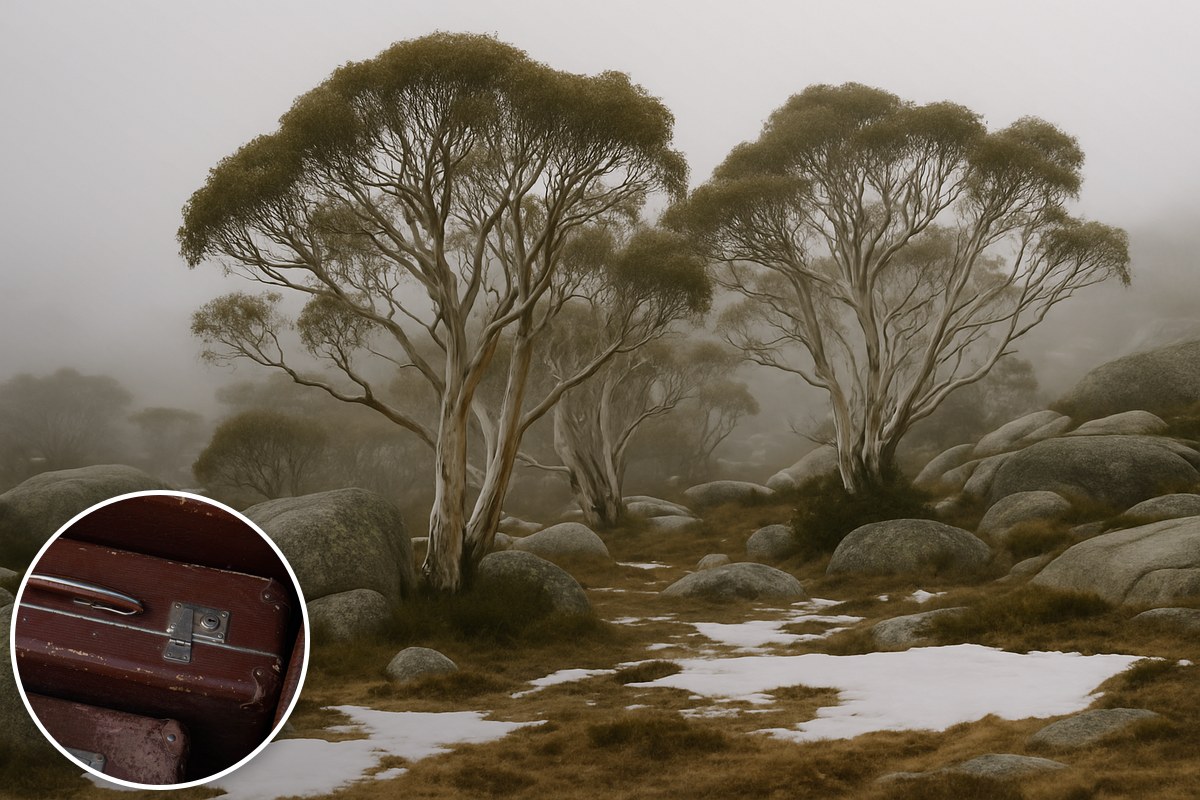Snow gums and granite boulders in alpine mist with patches of snow, with an inset of old leather suitcases.