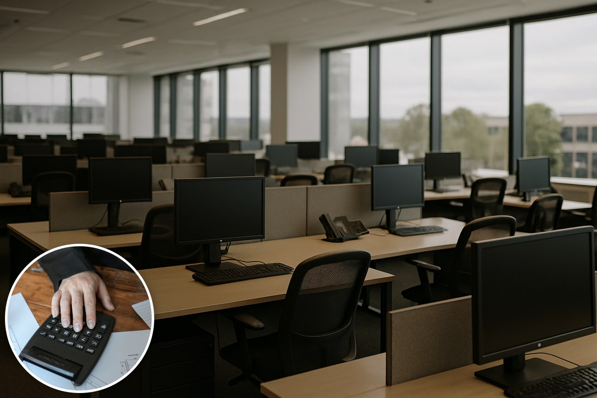 Illustrative AI-generated empty office workstations with a stock calculator inset; not NAB premises or an affected employee.