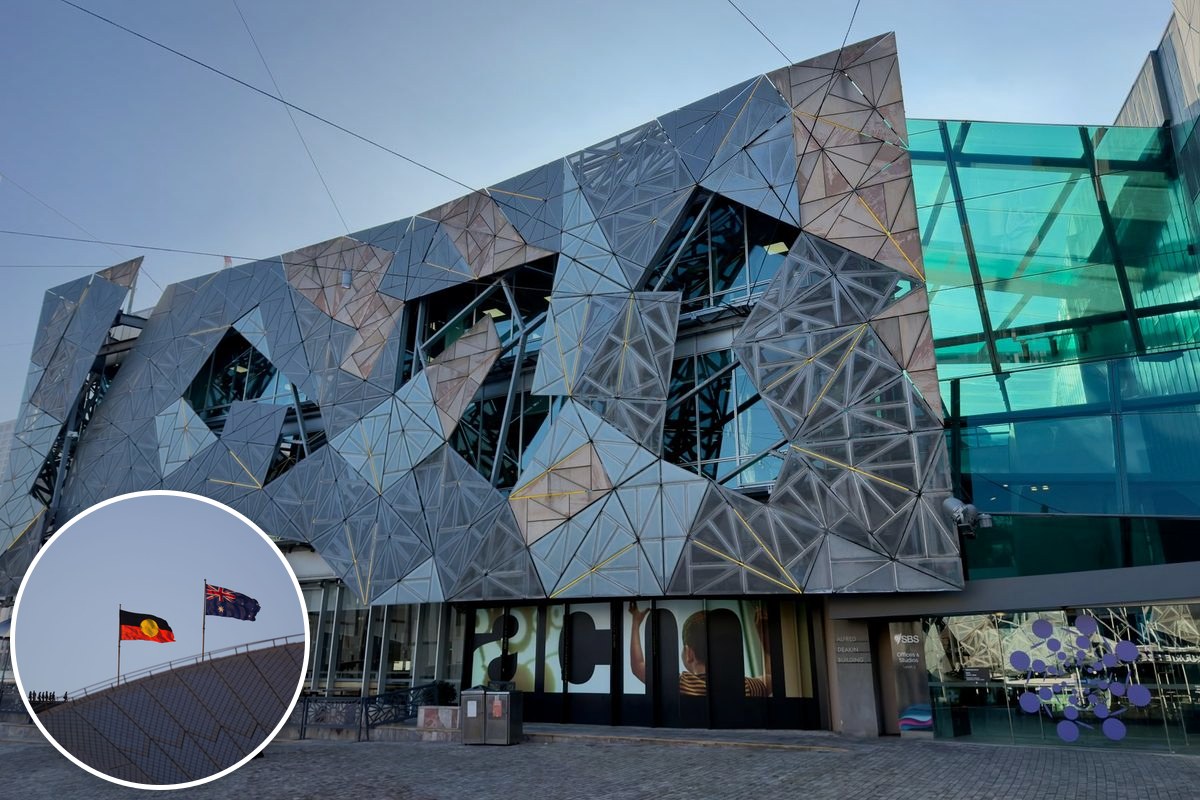 Federation Square in central Melbourne, with its angular facades and open civic plaza.