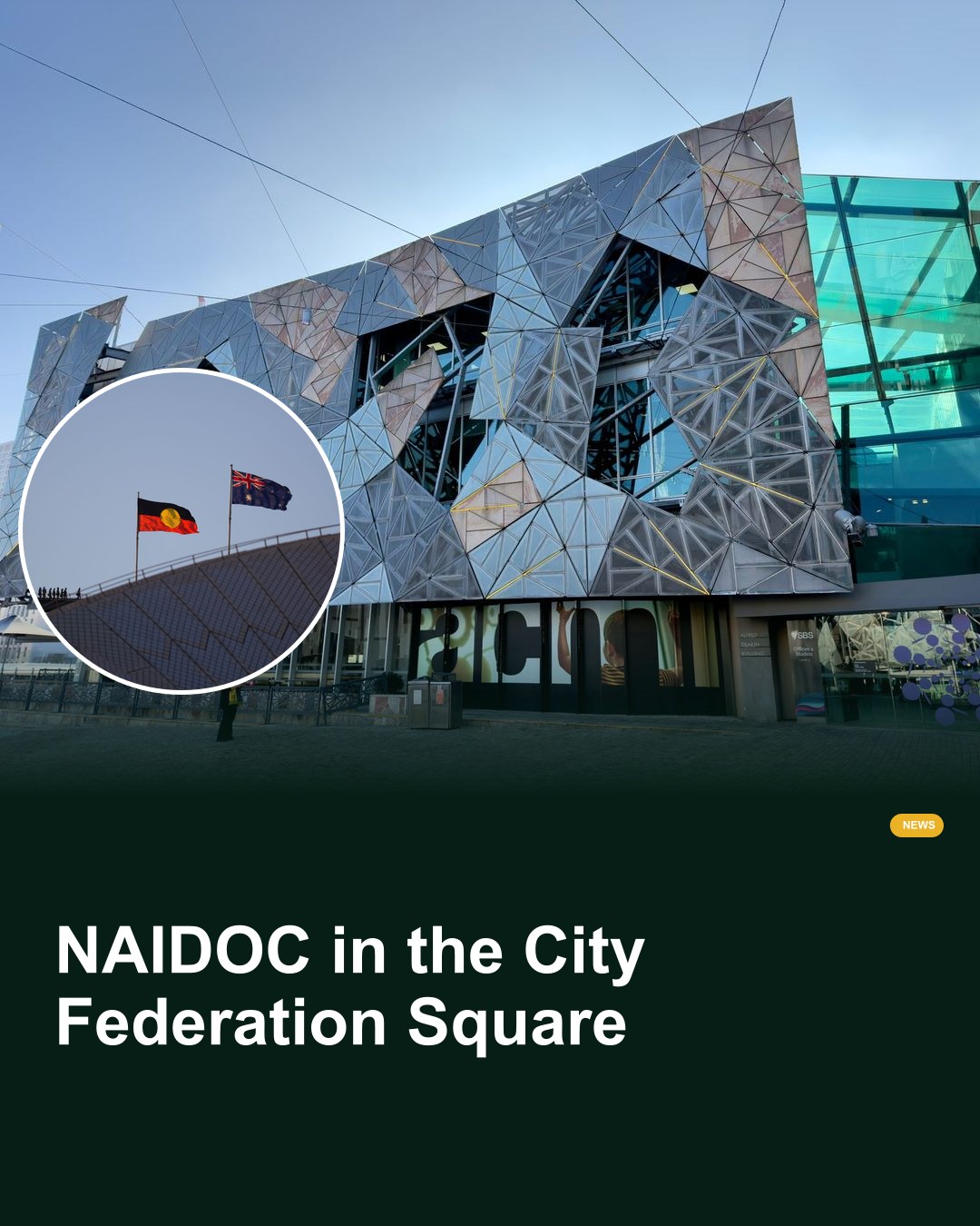 Federation Square in central Melbourne, with its angular facades and open civic plaza.