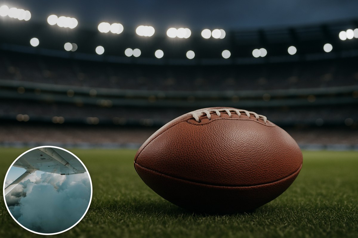 An unbranded American football on stadium turf under floodlights, with an inset of an aircraft wing above clouds.