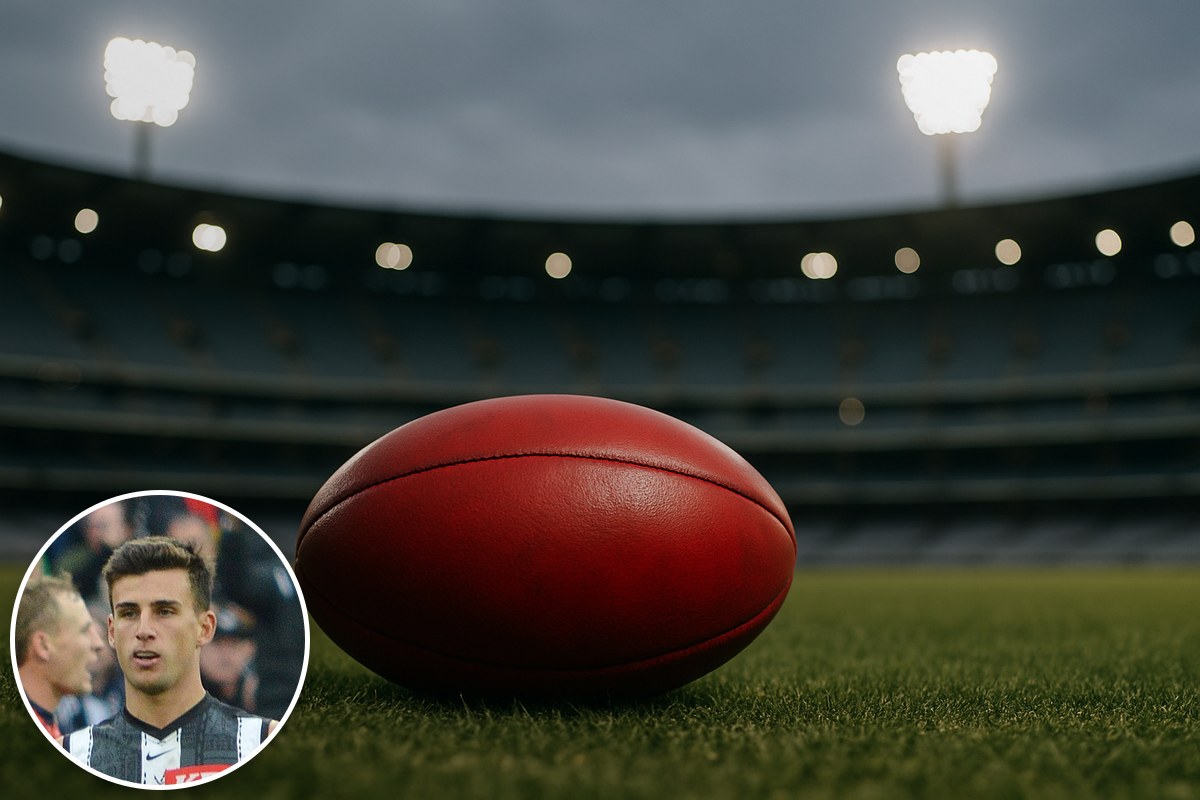 An unbranded red Australian rules football on stadium turf under lights, with an inset photo of Nick Daicos.