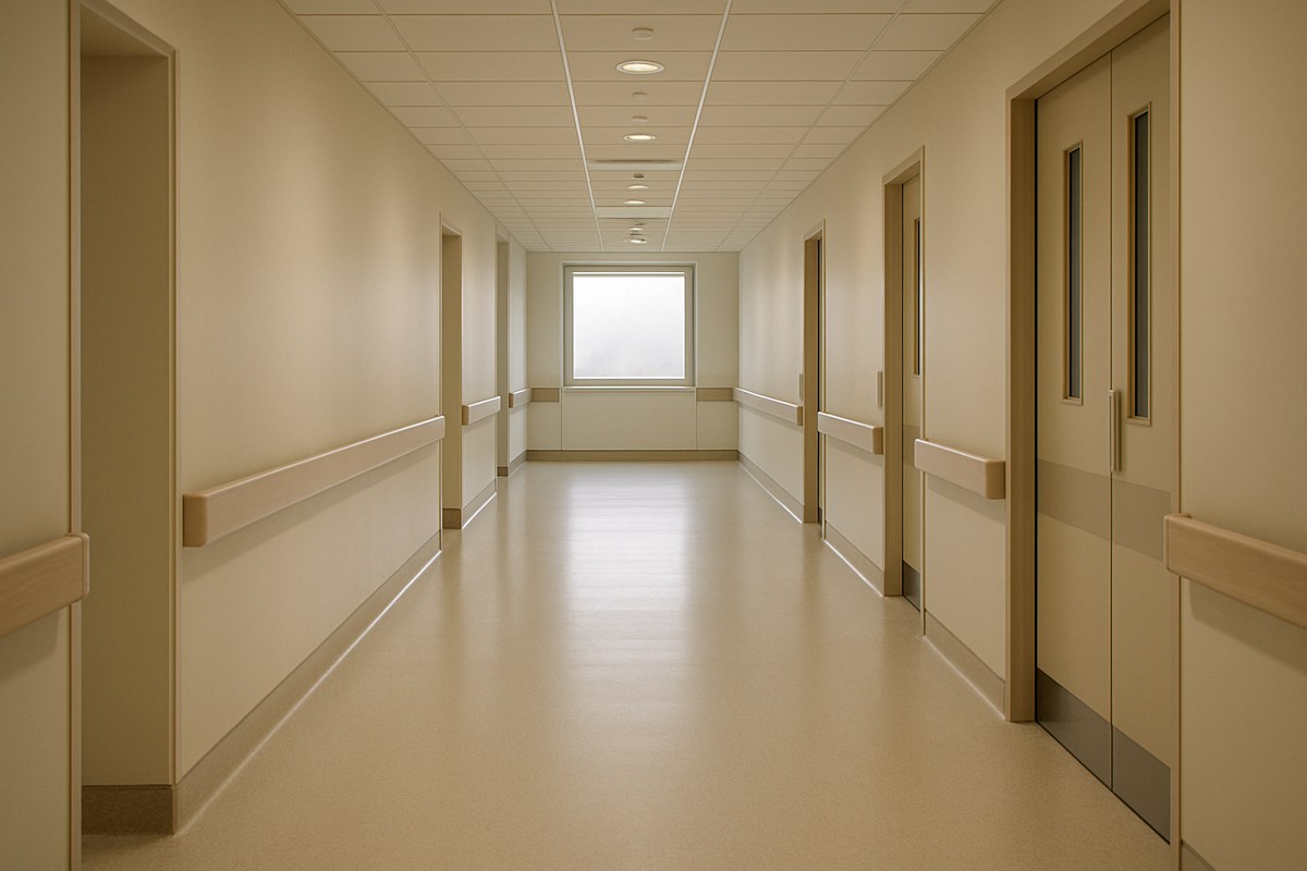 An empty modern hospital corridor with pale flooring and handrails, lit by daylight from a window at the far end.