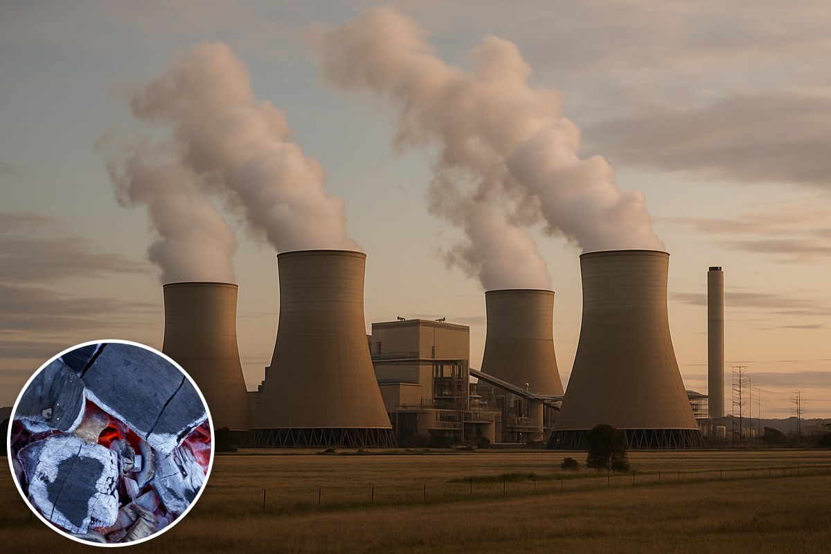 Steaming cooling towers of a coal-fired power station at dusk, with an inset close-up of burning coal.