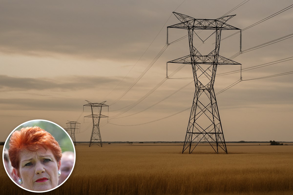 Steel transmission towers crossing golden wheat paddocks at dusk, with an inset portrait of Pauline Hanson.