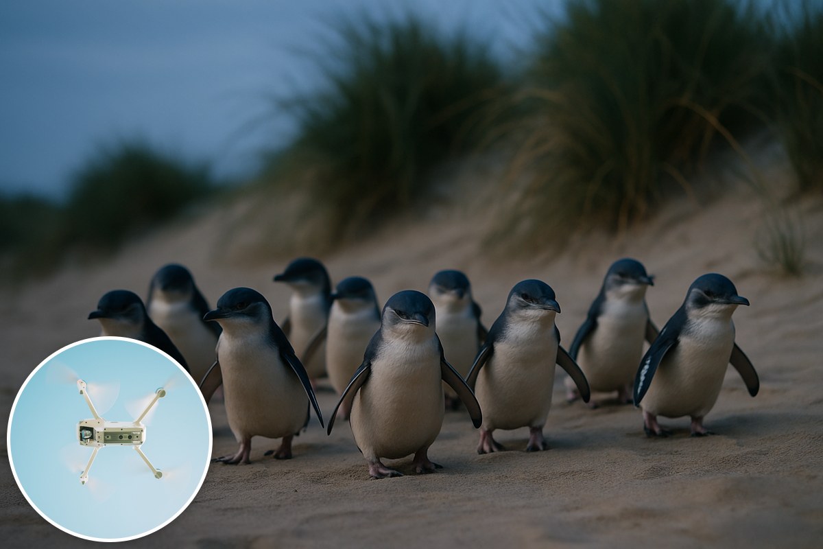 A group of little penguins walking up a sandy dune beach at dusk, with an inset of a white drone in flight.