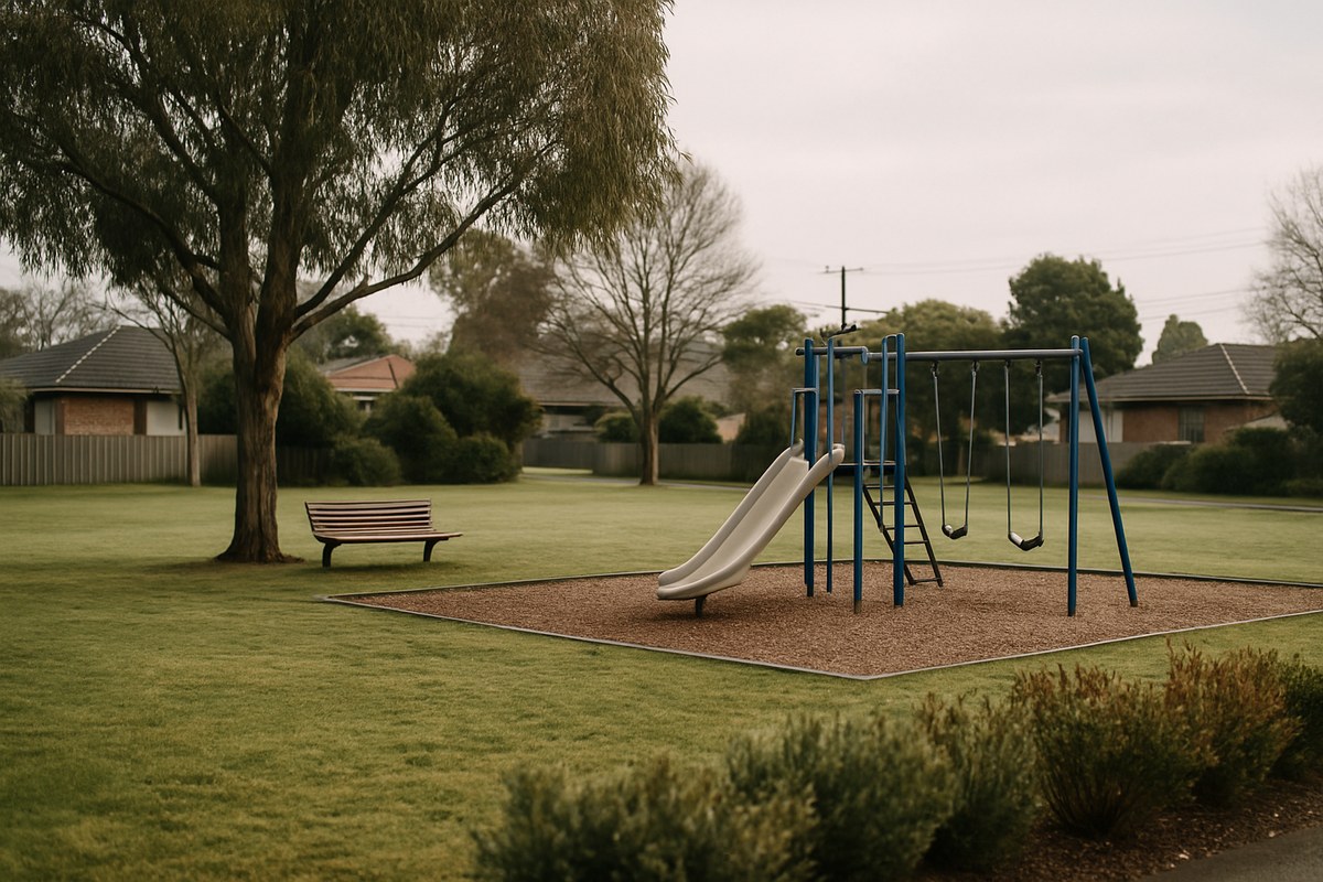 A small suburban neighbourhood park with a playground, bench and eucalyptus tree on a clear winter morning.