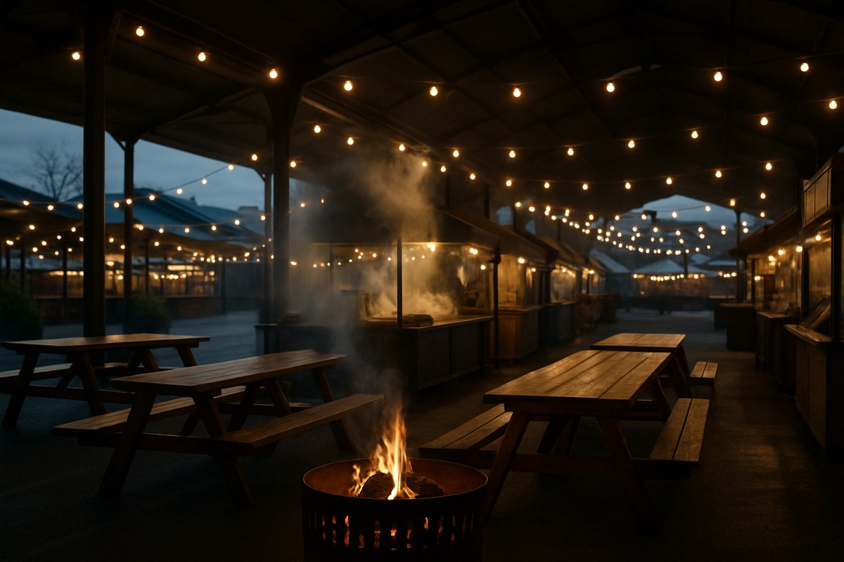 A warm night market under an open-sided market shed, with steam rising from food stalls and strings of bulb lights overhead.