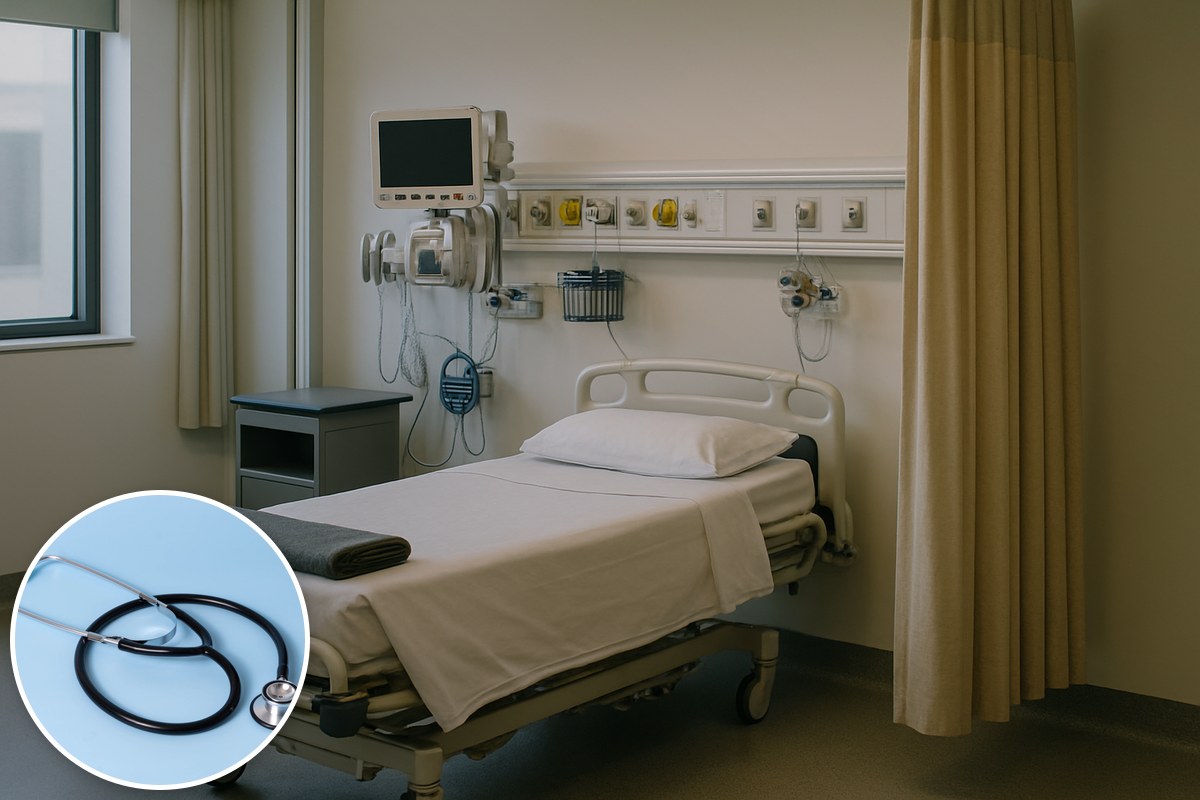 An empty modern hospital bay with a neatly made bed and drawn curtain, with an inset of a stethoscope.