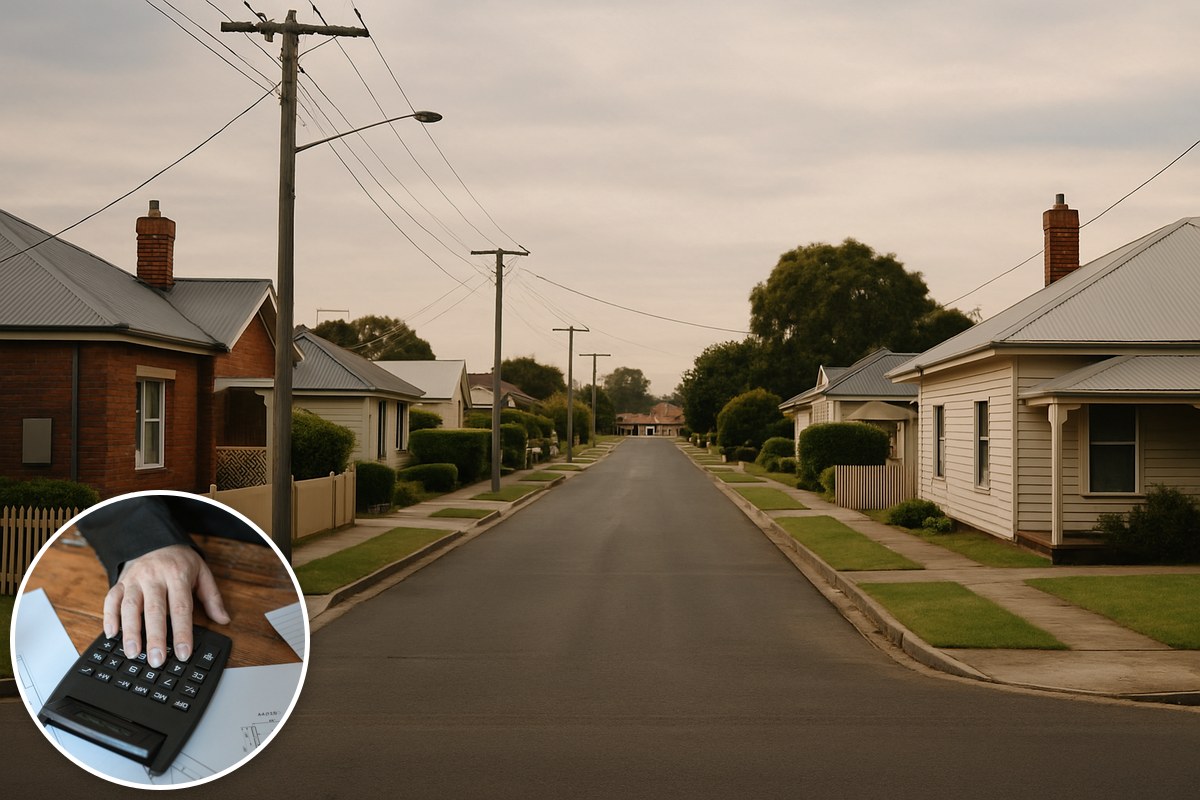 Illustrative AI-generated empty residential street with a stock calculator inset; not a particular Victorian town or property.