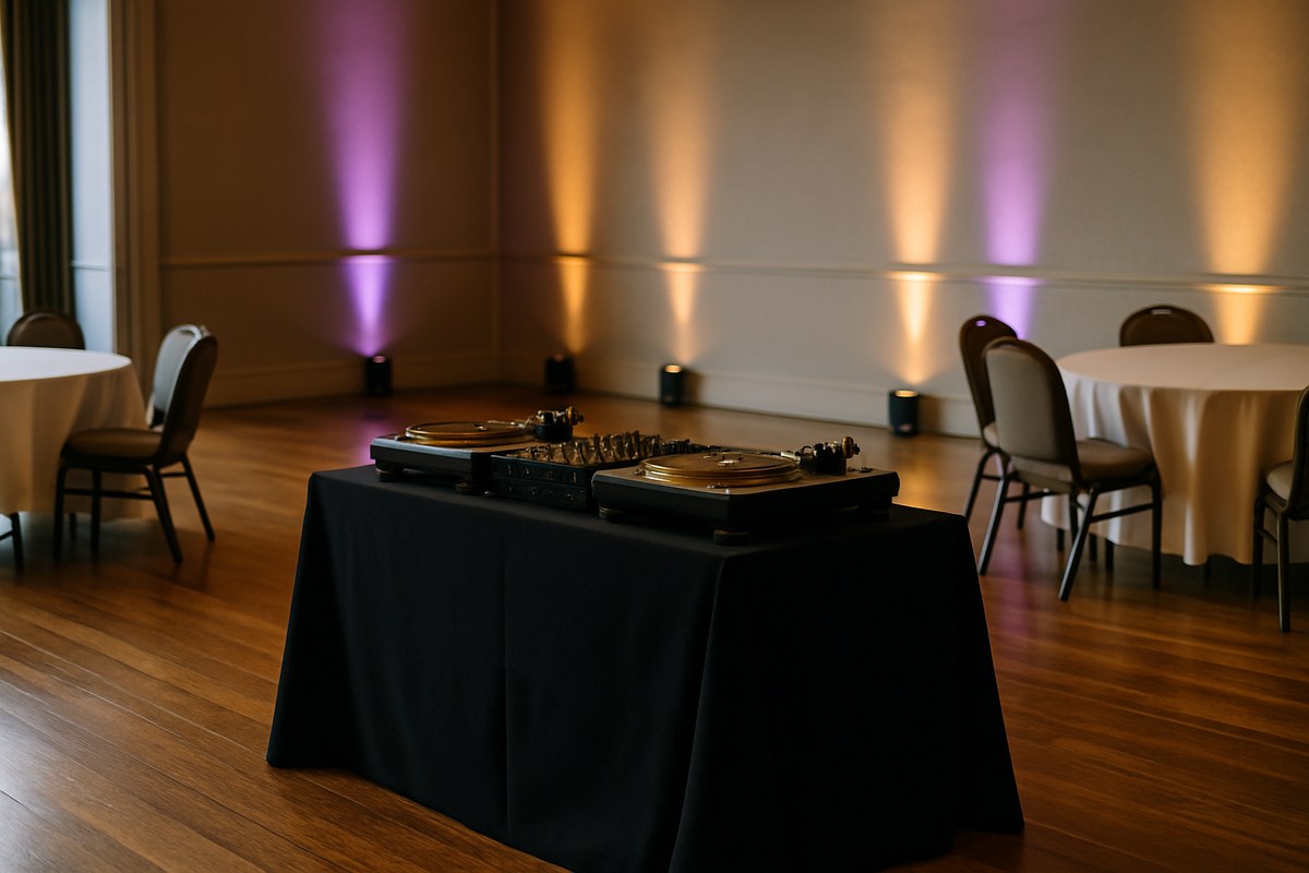 An unbranded DJ booth with turntables and a mixer beside an empty dance floor in a warmly uplit function room.