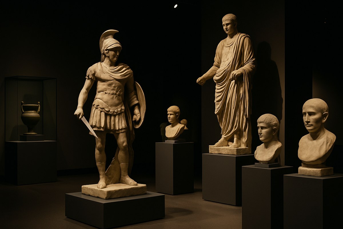 Classical Roman marble statues and busts displayed under dramatic lighting in a darkened museum gallery.