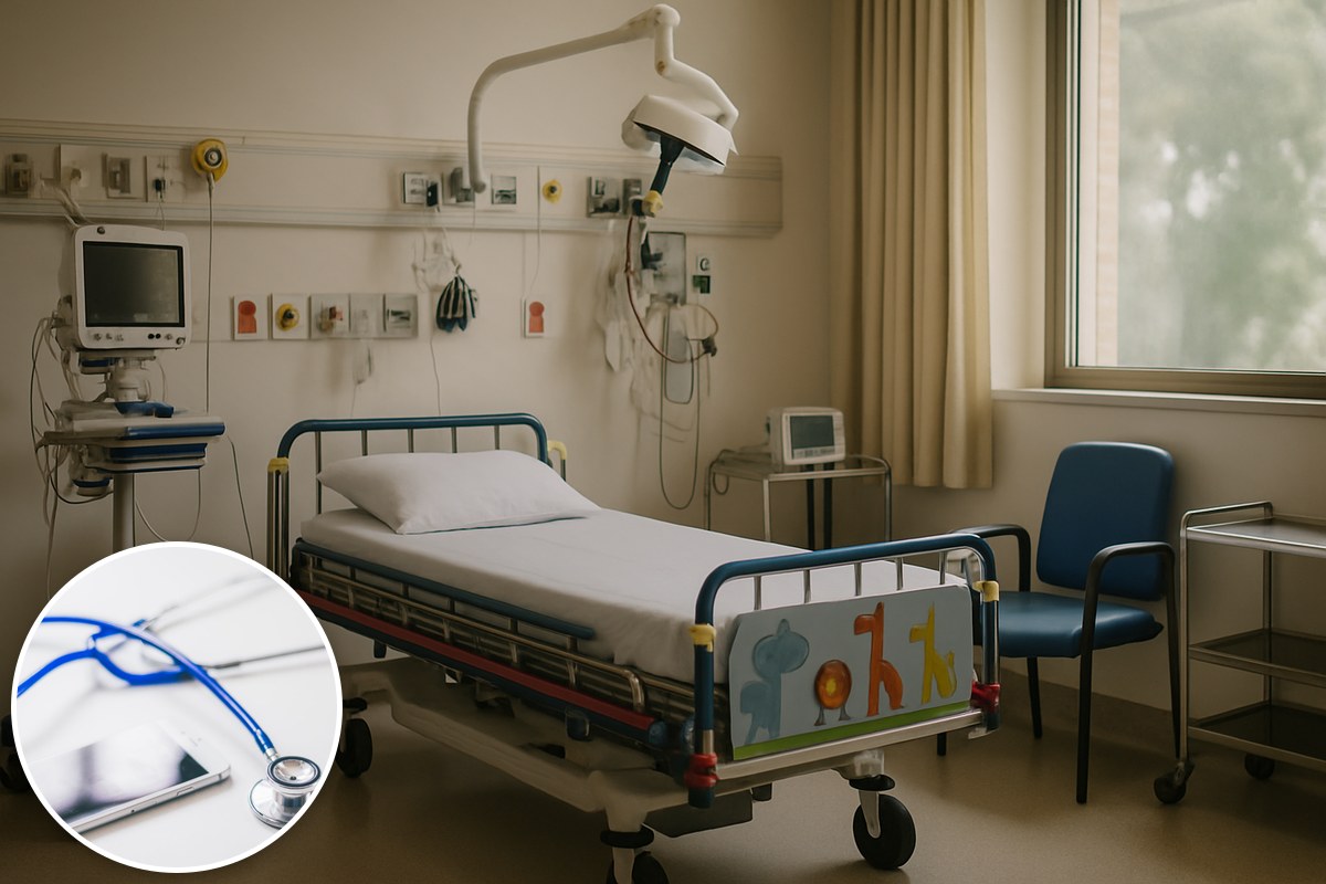 Illustrative AI-generated empty paediatric treatment bay with a stock stethoscope inset; not the Royal Children’s Hospital.
