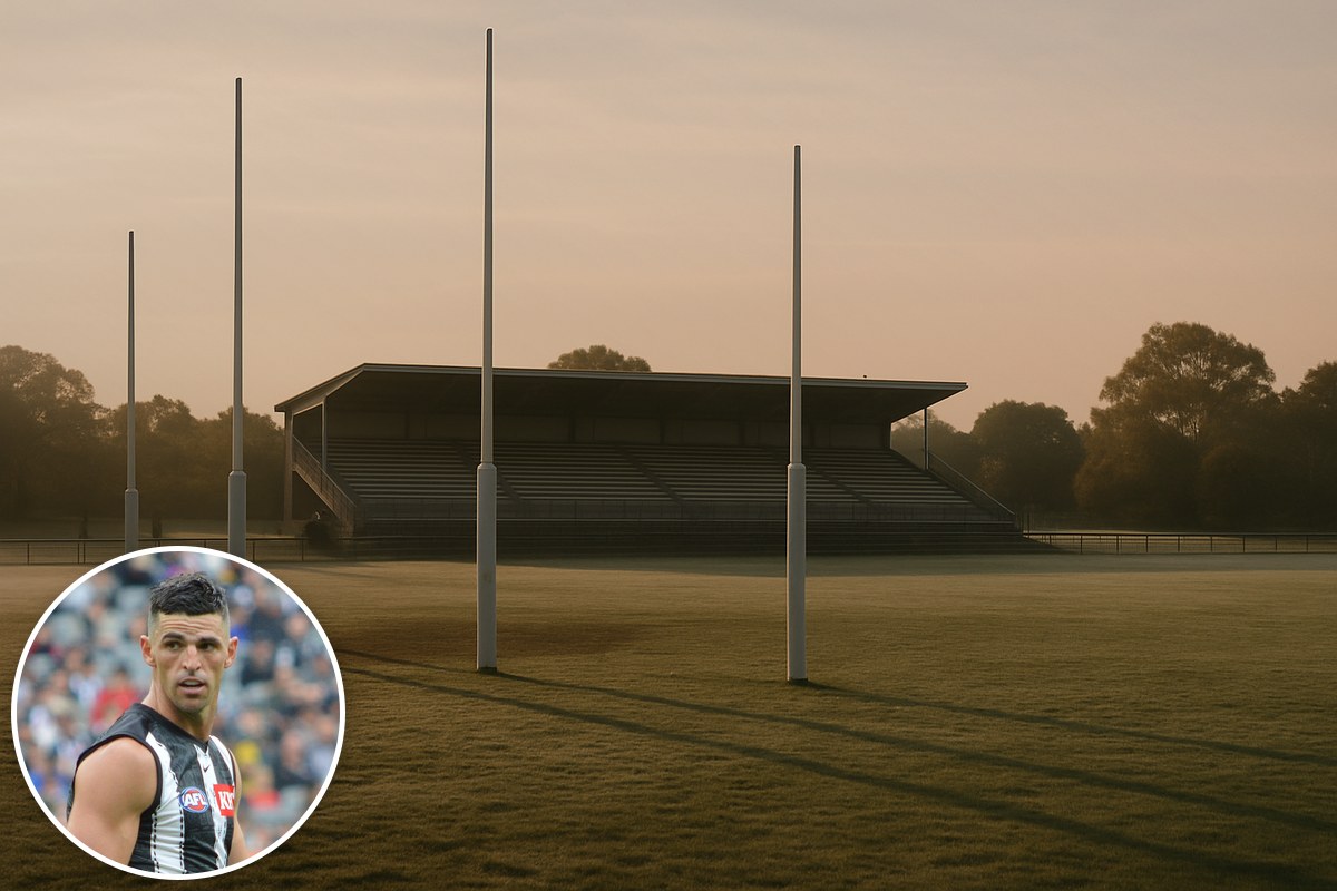 An empty football oval with tall goalposts at dawn, with an inset portrait of Scott Pendlebury in Collingwood colours.