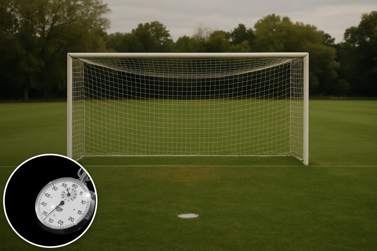 Illustrative AI-generated empty football goal and pitch with a stock stopwatch inset; not AAMI Park or the actual final.