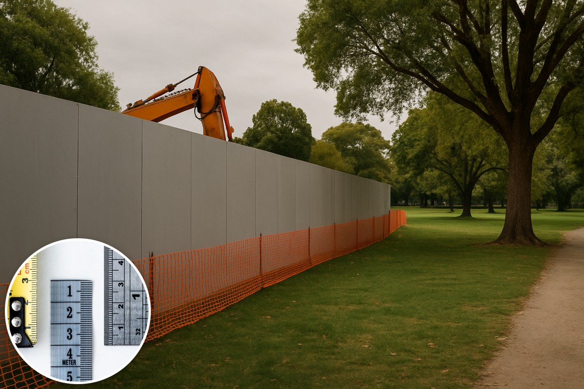 Construction hoarding and orange mesh fencing along the edge of a green suburban park, with an inset of a measuring tape.