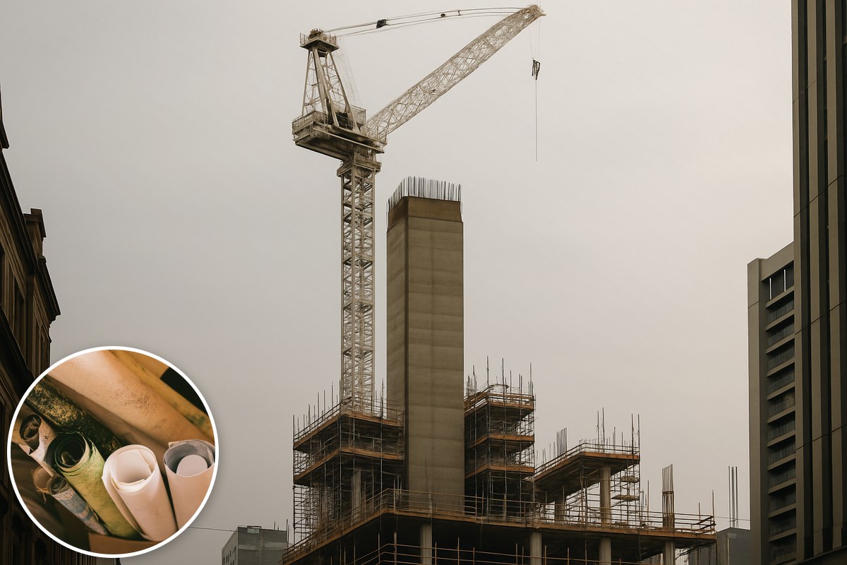 A tower crane above the concrete core of a high-rise under construction, with an inset of rolled architectural plans.