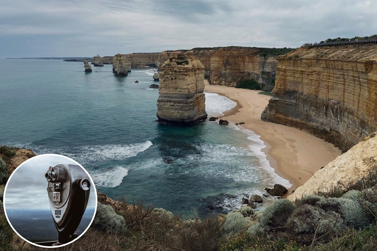 The limestone stacks and cliffs of the Twelve Apostles, with an illustrative stock viewing-binocular inset.