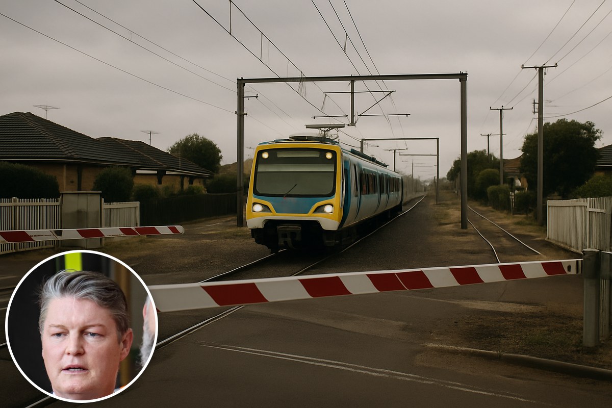A suburban train approaches a level crossing with boom gates down on a single track, with an inset portrait of Premier Ben Carroll.