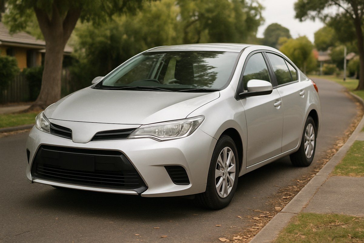 An everyday passenger car parked on a quiet leafy suburban street in soft daylight.