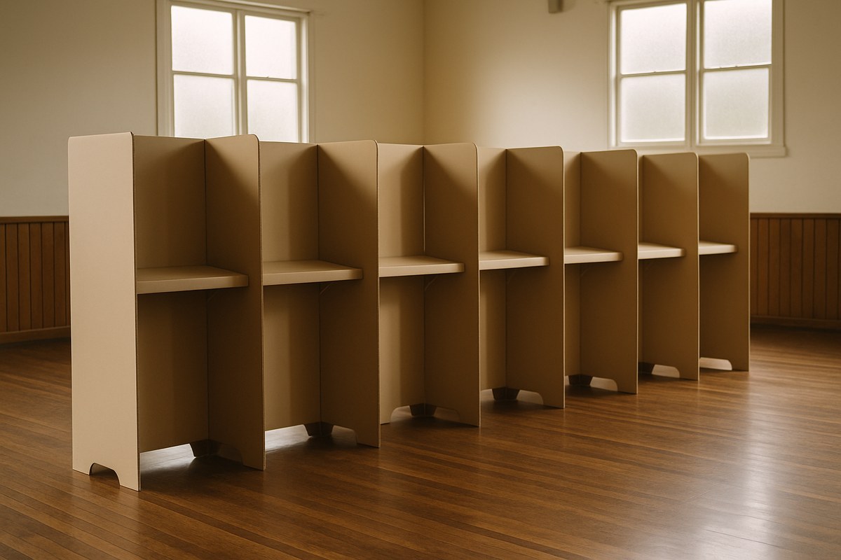 A row of empty cardboard voting booths in a quiet community hall lit by daylight.
