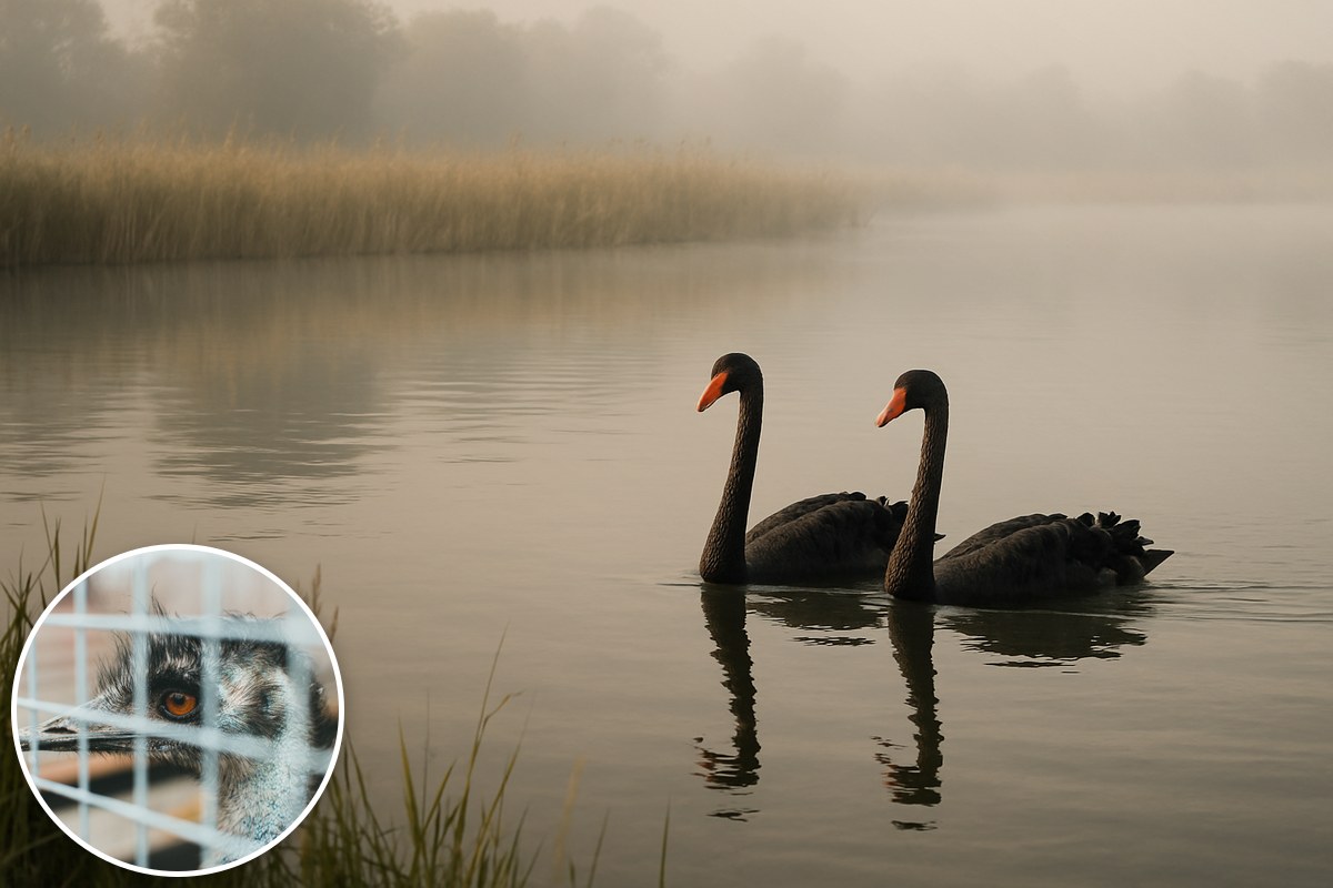 Two black swans on a misty reed-fringed wetland, with an inset of a bird behind aviary mesh.