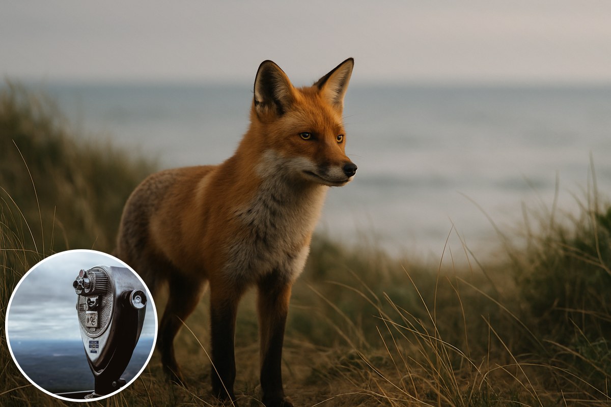 A red fox standing in coastal dune grass with the ocean behind, with an inset of a coin-operated viewing scope.